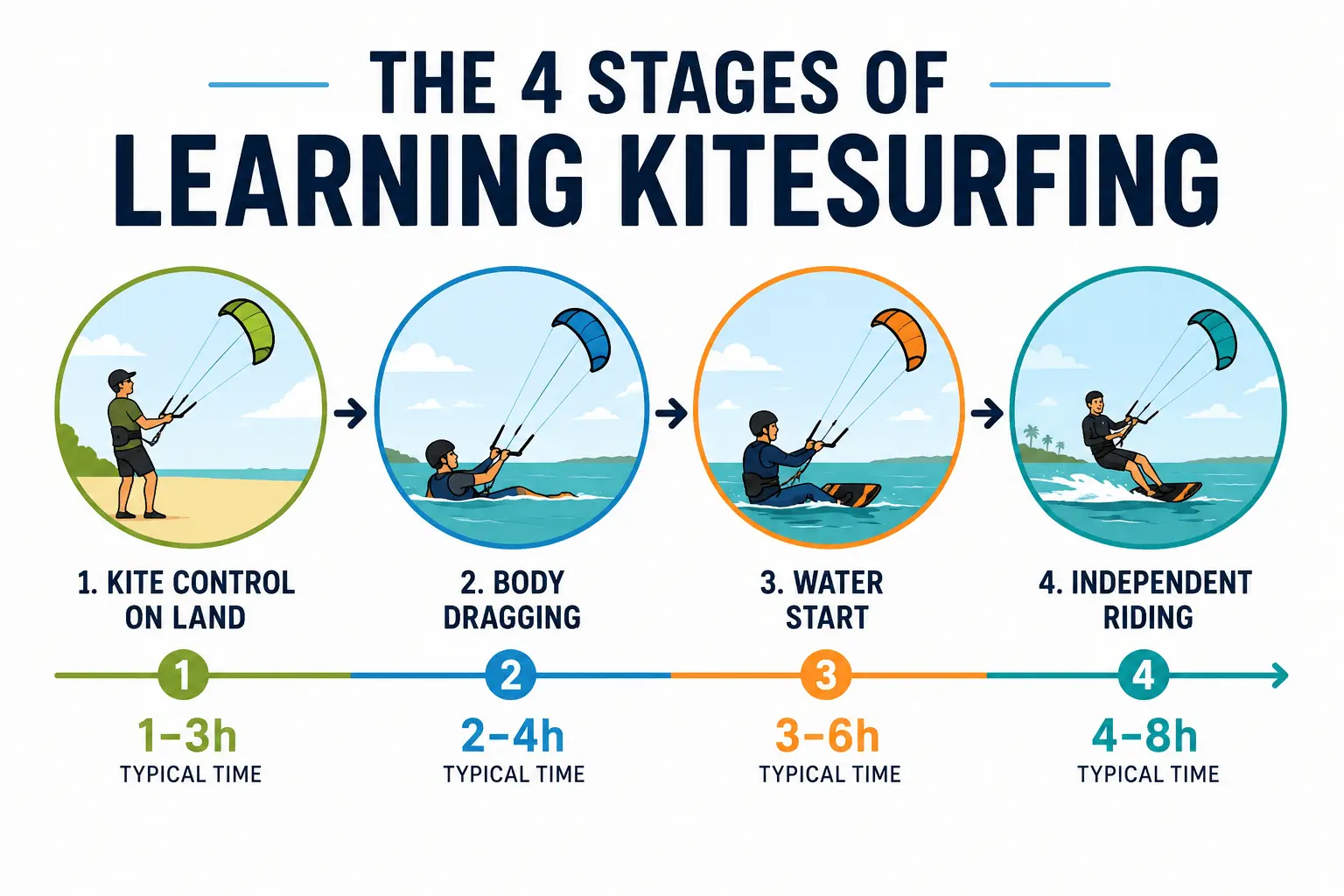 4 stages of learning to kitesurf